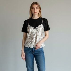 Vintage Lucie Ann satin cami tank top women’s medium beige lace trim